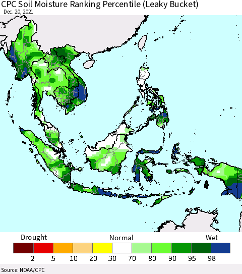 South East Asia CPC Soil Moisture Ranking Percentile (Leaky Bucket) Thematic Map For 12/16/2021 - 12/20/2021