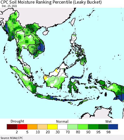 South East Asia CPC Soil Moisture Ranking Percentile (Leaky Bucket) Thematic Map For 12/21/2021 - 12/25/2021