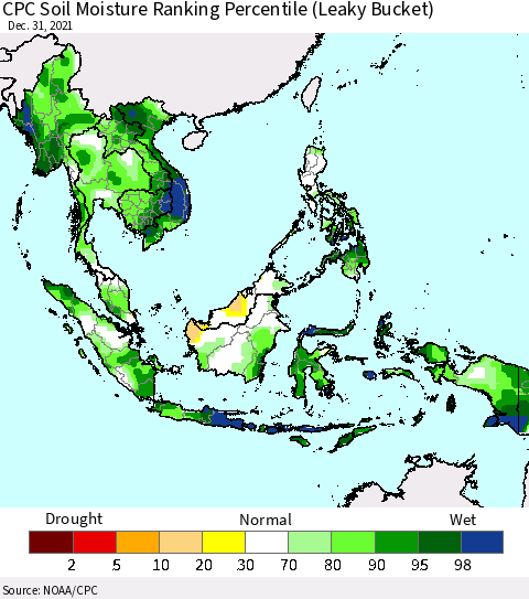 South East Asia CPC Soil Moisture Ranking Percentile (Leaky Bucket) Thematic Map For 12/26/2021 - 12/31/2021