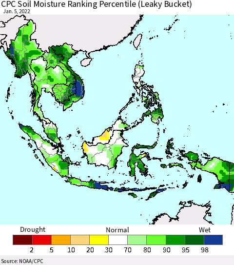 South East Asia CPC Soil Moisture Ranking Percentile (Leaky Bucket) Thematic Map For 1/1/2022 - 1/5/2022