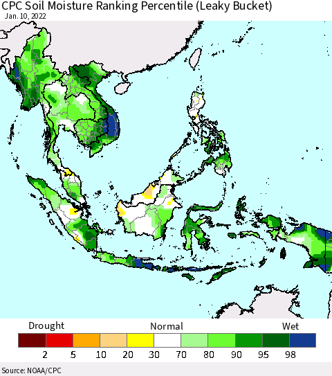 South East Asia CPC Soil Moisture Ranking Percentile (Leaky Bucket) Thematic Map For 1/6/2022 - 1/10/2022