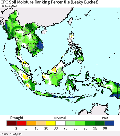 South East Asia CPC Soil Moisture Ranking Percentile (Leaky Bucket) Thematic Map For 1/11/2022 - 1/15/2022