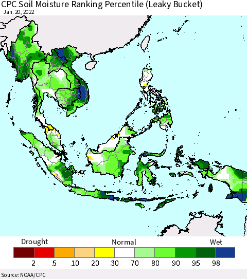 South East Asia CPC Soil Moisture Ranking Percentile (Leaky Bucket) Thematic Map For 1/16/2022 - 1/20/2022