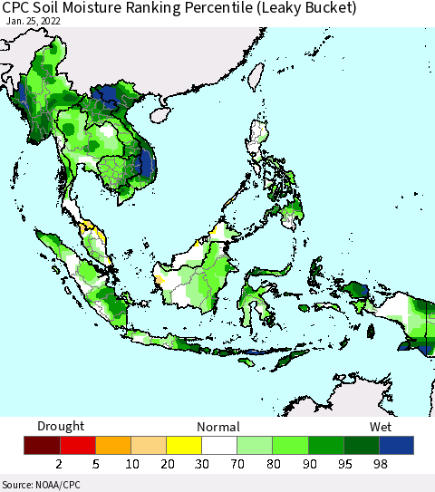 South East Asia CPC Soil Moisture Ranking Percentile (Leaky Bucket) Thematic Map For 1/21/2022 - 1/25/2022
