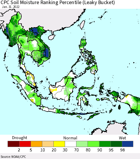 South East Asia CPC Soil Moisture Ranking Percentile (Leaky Bucket) Thematic Map For 1/26/2022 - 1/31/2022