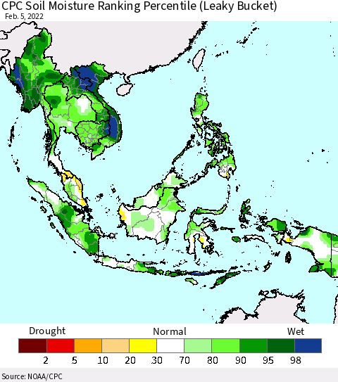 South East Asia CPC Soil Moisture Ranking Percentile (Leaky Bucket) Thematic Map For 2/1/2022 - 2/5/2022