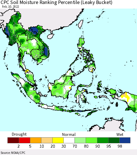 South East Asia CPC Soil Moisture Ranking Percentile (Leaky Bucket) Thematic Map For 2/6/2022 - 2/10/2022