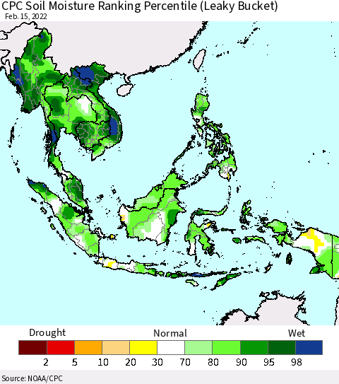 South East Asia CPC Soil Moisture Ranking Percentile (Leaky Bucket) Thematic Map For 2/11/2022 - 2/15/2022