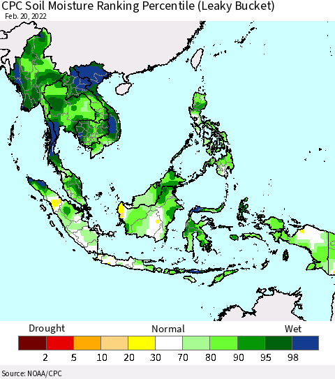 South East Asia CPC Soil Moisture Ranking Percentile (Leaky Bucket) Thematic Map For 2/16/2022 - 2/20/2022