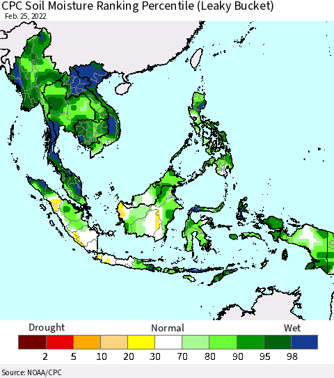 South East Asia CPC Soil Moisture Ranking Percentile (Leaky Bucket) Thematic Map For 2/21/2022 - 2/25/2022