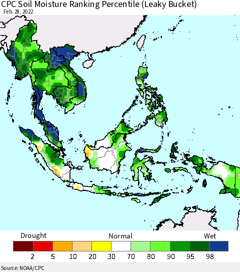 South East Asia CPC Soil Moisture Ranking Percentile (Leaky Bucket) Thematic Map For 2/26/2022 - 2/28/2022