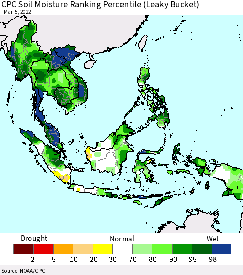 South East Asia CPC Soil Moisture Ranking Percentile (Leaky Bucket) Thematic Map For 3/1/2022 - 3/5/2022