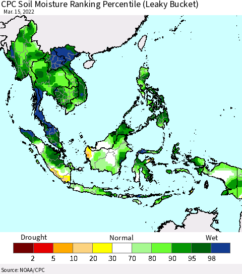 South East Asia CPC Soil Moisture Ranking Percentile (Leaky Bucket) Thematic Map For 3/11/2022 - 3/15/2022