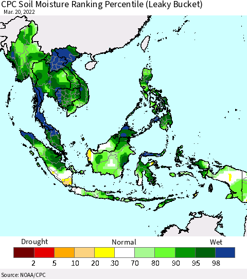 South East Asia CPC Soil Moisture Ranking Percentile (Leaky Bucket) Thematic Map For 3/16/2022 - 3/20/2022