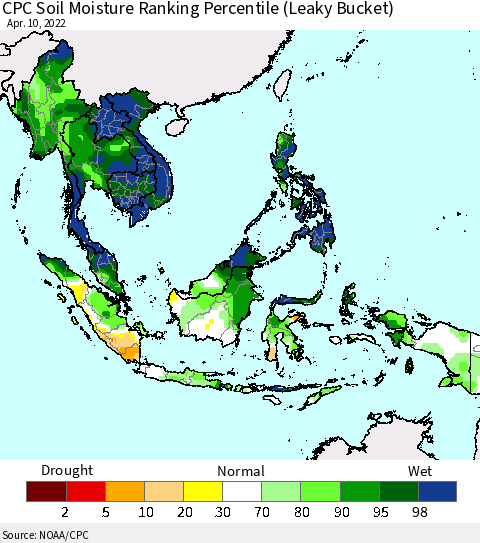 South East Asia CPC Soil Moisture Ranking Percentile (Leaky Bucket) Thematic Map For 4/6/2022 - 4/10/2022