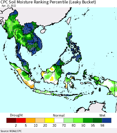 South East Asia CPC Soil Moisture Ranking Percentile (Leaky Bucket) Thematic Map For 4/11/2022 - 4/15/2022