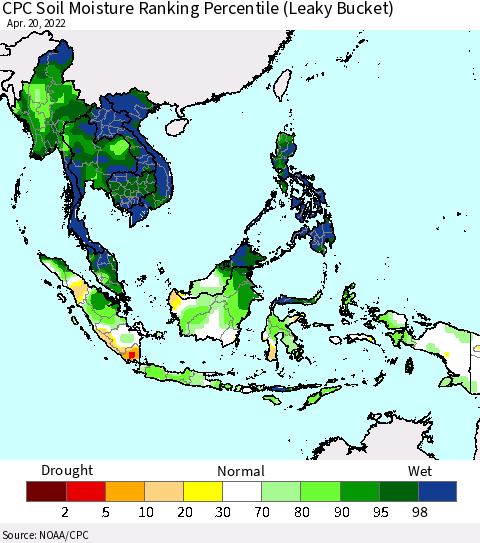 South East Asia CPC Soil Moisture Ranking Percentile (Leaky Bucket) Thematic Map For 4/16/2022 - 4/20/2022