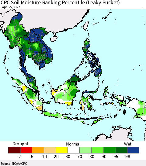 South East Asia CPC Soil Moisture Ranking Percentile (Leaky Bucket) Thematic Map For 4/21/2022 - 4/25/2022
