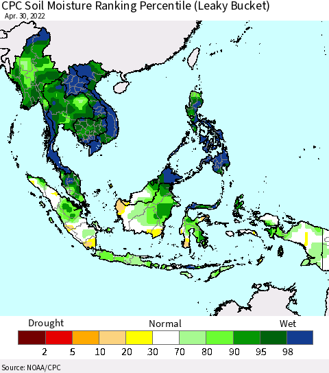 South East Asia CPC Soil Moisture Ranking Percentile (Leaky Bucket) Thematic Map For 4/26/2022 - 4/30/2022