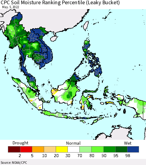 South East Asia CPC Soil Moisture Ranking Percentile (Leaky Bucket) Thematic Map For 5/1/2022 - 5/5/2022