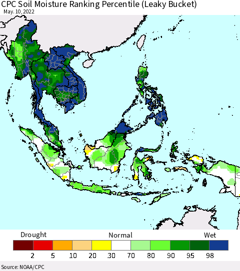 South East Asia CPC Soil Moisture Ranking Percentile (Leaky Bucket) Thematic Map For 5/6/2022 - 5/10/2022