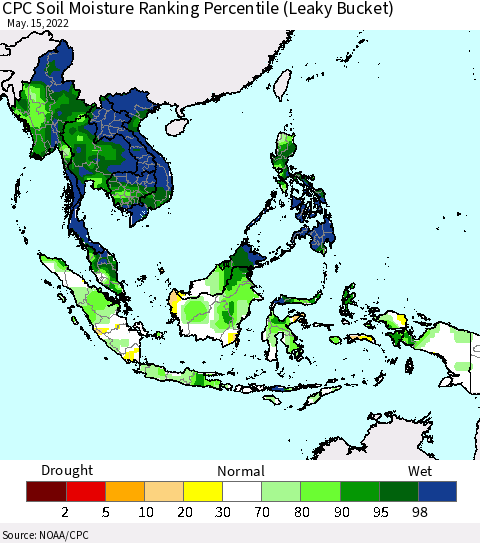 South East Asia CPC Soil Moisture Ranking Percentile (Leaky Bucket) Thematic Map For 5/11/2022 - 5/15/2022