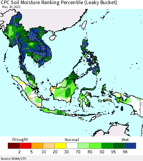 South East Asia CPC Soil Moisture Ranking Percentile (Leaky Bucket) Thematic Map For 5/16/2022 - 5/20/2022