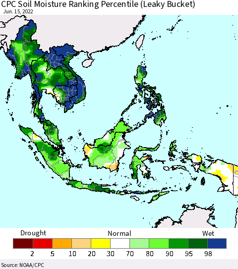 South East Asia CPC Soil Moisture Ranking Percentile (Leaky Bucket) Thematic Map For 6/11/2022 - 6/15/2022