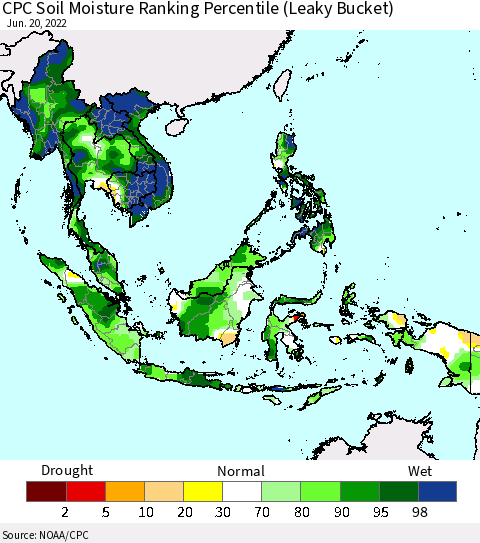 South East Asia CPC Soil Moisture Ranking Percentile (Leaky Bucket) Thematic Map For 6/16/2022 - 6/20/2022