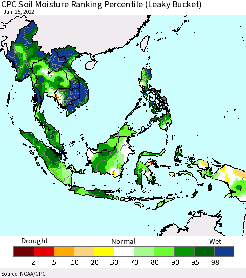 South East Asia CPC Soil Moisture Ranking Percentile (Leaky Bucket) Thematic Map For 6/21/2022 - 6/25/2022