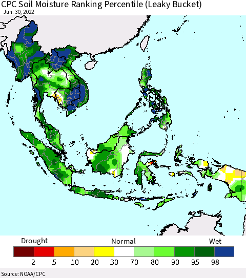 South East Asia CPC Soil Moisture Ranking Percentile (Leaky Bucket) Thematic Map For 6/26/2022 - 6/30/2022