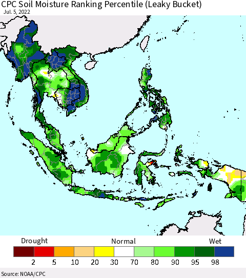 South East Asia CPC Soil Moisture Ranking Percentile (Leaky Bucket) Thematic Map For 7/1/2022 - 7/5/2022