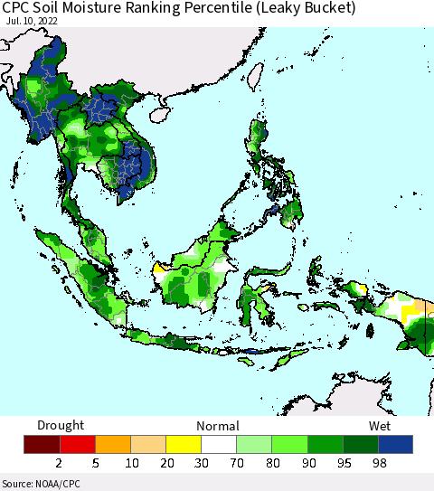 South East Asia CPC Soil Moisture Ranking Percentile (Leaky Bucket) Thematic Map For 7/6/2022 - 7/10/2022