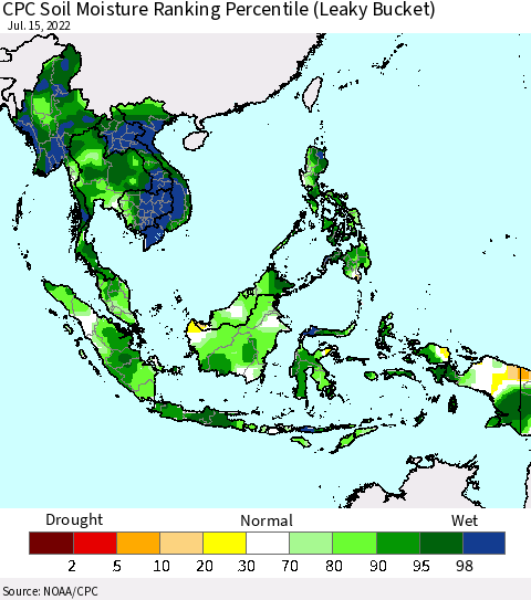 South East Asia CPC Soil Moisture Ranking Percentile (Leaky Bucket) Thematic Map For 7/11/2022 - 7/15/2022