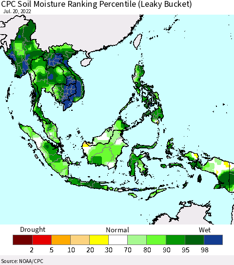 South East Asia CPC Soil Moisture Ranking Percentile (Leaky Bucket) Thematic Map For 7/16/2022 - 7/20/2022