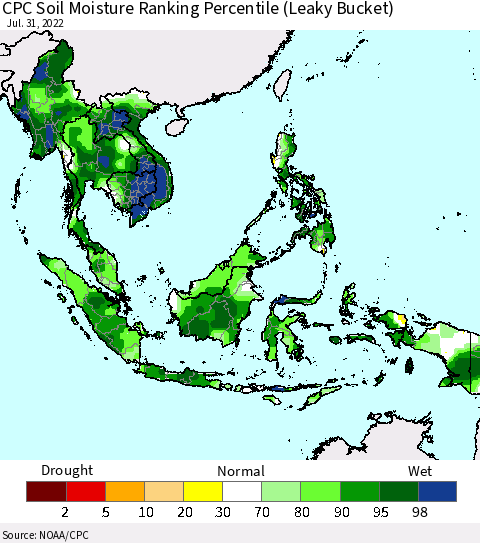 South East Asia CPC Soil Moisture Ranking Percentile (Leaky Bucket) Thematic Map For 7/26/2022 - 7/31/2022