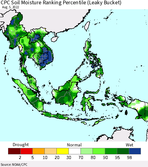 South East Asia CPC Soil Moisture Ranking Percentile (Leaky Bucket) Thematic Map For 8/1/2022 - 8/5/2022