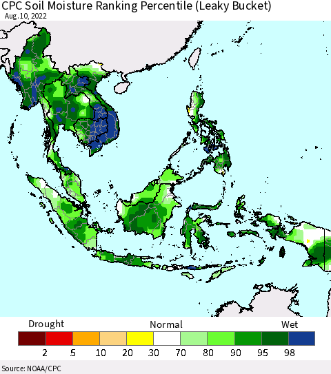 South East Asia CPC Soil Moisture Ranking Percentile (Leaky Bucket) Thematic Map For 8/6/2022 - 8/10/2022