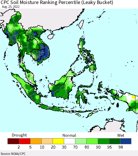 South East Asia CPC Soil Moisture Ranking Percentile (Leaky Bucket) Thematic Map For 8/21/2022 - 8/25/2022