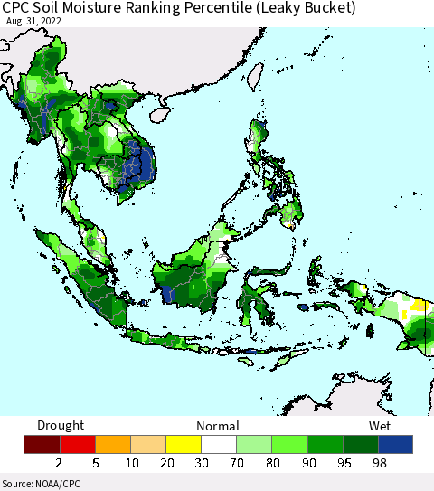 South East Asia CPC Soil Moisture Ranking Percentile (Leaky Bucket) Thematic Map For 8/26/2022 - 8/31/2022