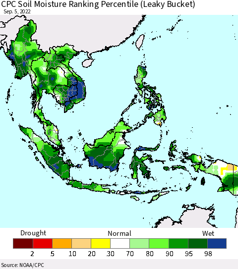 South East Asia CPC Soil Moisture Ranking Percentile (Leaky Bucket) Thematic Map For 9/1/2022 - 9/5/2022