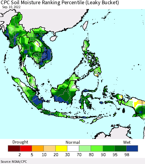 South East Asia CPC Soil Moisture Ranking Percentile (Leaky Bucket) Thematic Map For 9/6/2022 - 9/10/2022