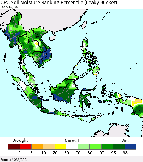 South East Asia CPC Soil Moisture Ranking Percentile (Leaky Bucket) Thematic Map For 9/11/2022 - 9/15/2022