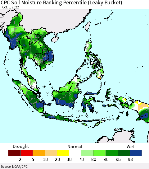 South East Asia CPC Soil Moisture Ranking Percentile (Leaky Bucket) Thematic Map For 10/1/2022 - 10/5/2022