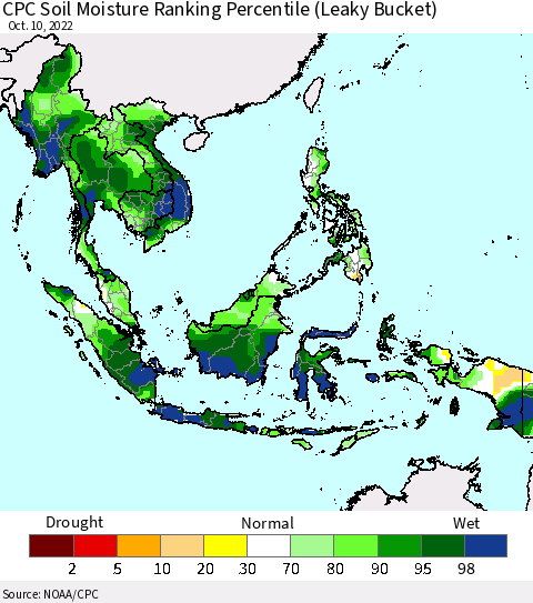 South East Asia CPC Soil Moisture Ranking Percentile (Leaky Bucket) Thematic Map For 10/6/2022 - 10/10/2022