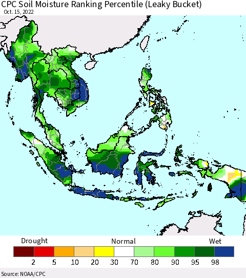South East Asia CPC Soil Moisture Ranking Percentile (Leaky Bucket) Thematic Map For 10/11/2022 - 10/15/2022