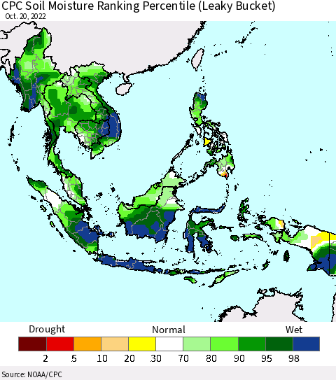 South East Asia CPC Soil Moisture Ranking Percentile (Leaky Bucket) Thematic Map For 10/16/2022 - 10/20/2022