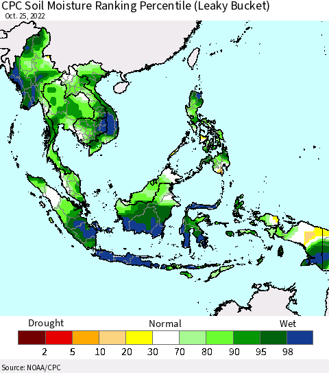 South East Asia CPC Soil Moisture Ranking Percentile (Leaky Bucket) Thematic Map For 10/21/2022 - 10/25/2022