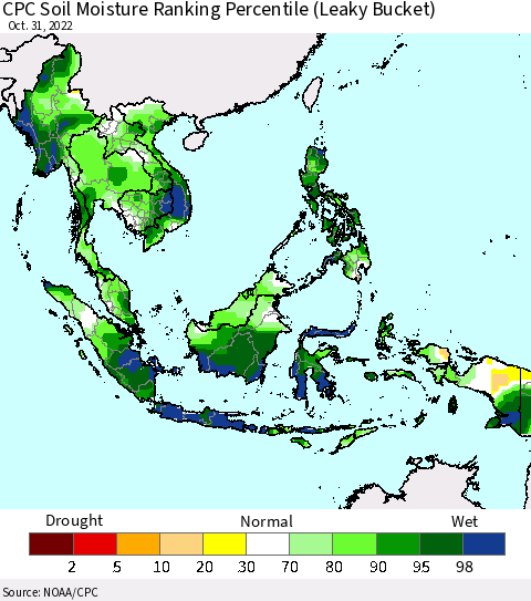 South East Asia CPC Soil Moisture Ranking Percentile (Leaky Bucket) Thematic Map For 10/26/2022 - 10/31/2022