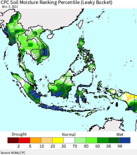 South East Asia CPC Soil Moisture Ranking Percentile (Leaky Bucket) Thematic Map For 11/1/2022 - 11/5/2022